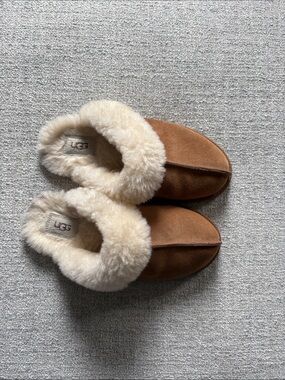 UGG Chestnut Suede Slip-On Slippers with Cream Shearling Cuff
